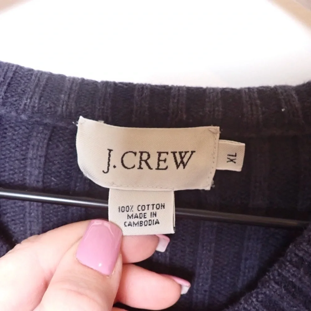 J. Crew 100% Cotton Navy and White Stripe Knit Heavyweight V Neck Sweater Sz XL